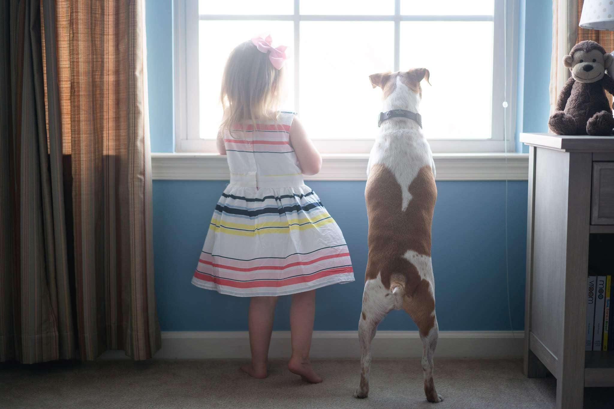 A little girl and Seymour standing side by side, looking out a window together